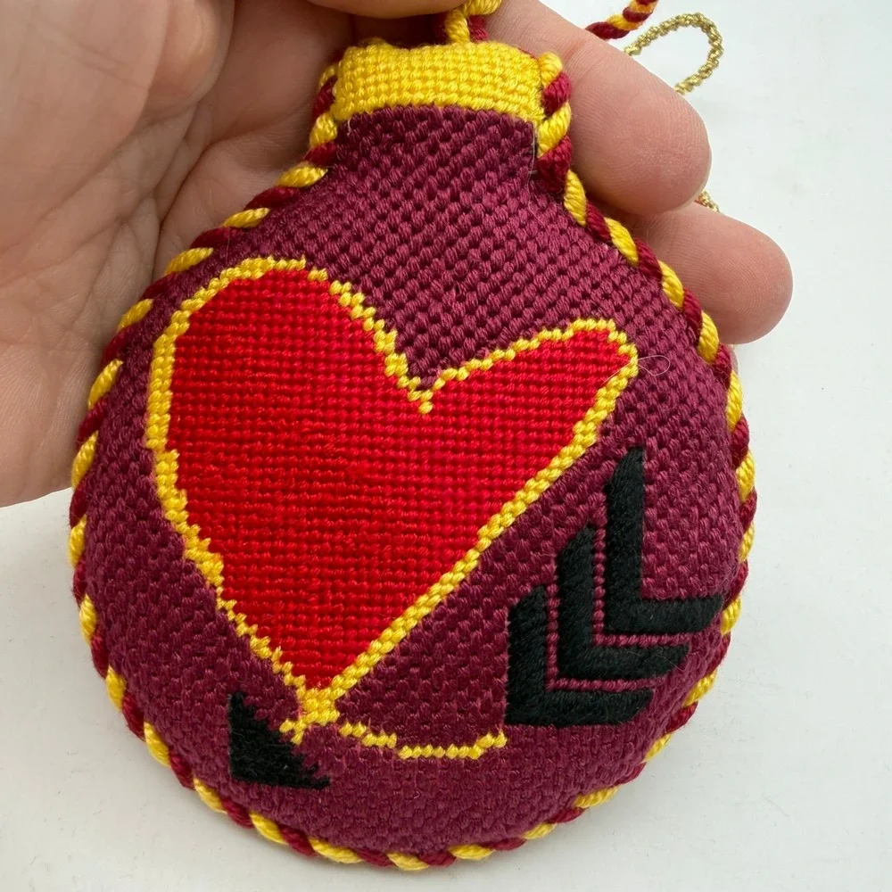 Vintage Needlepoint Heart & Abstract Embroidered Christmas Ornaments‎ Set of 2